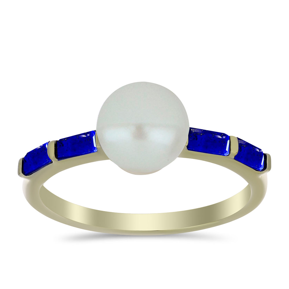 Anillo de Plata Bañada en Oro con Lapislázuli y Perla de Agua Dulce