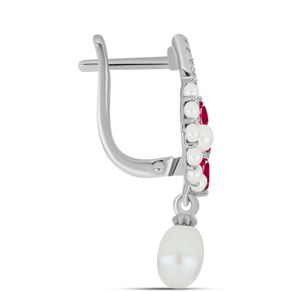 Pendientes de Plata con Rubí de Madagascar y Perla blanca de agua dulce 2 