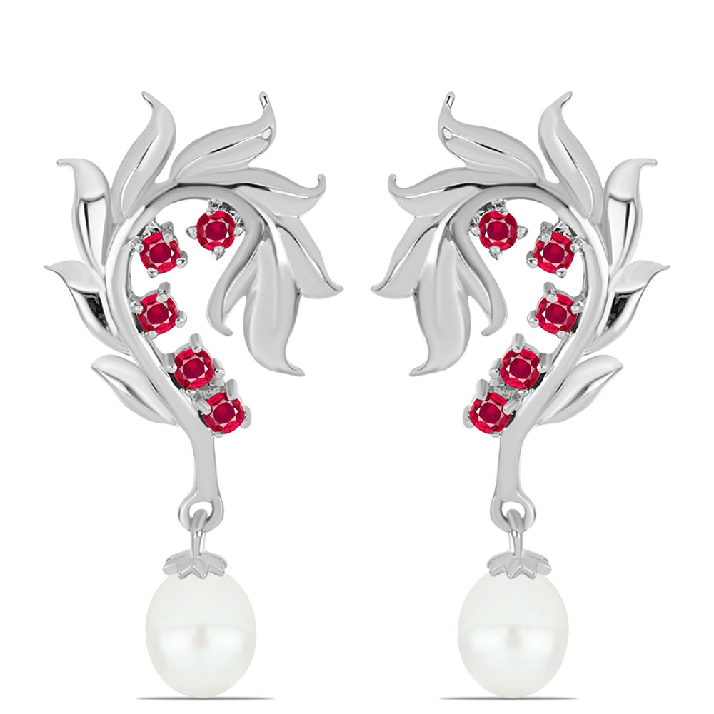 Pendientes de Plata con Rubí de Madagascar y Perla blanca de agua dulce