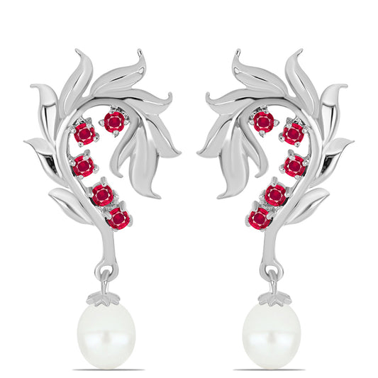 Pendientes de Plata con Rubí de Madagascar y Perla blanca de agua dulce