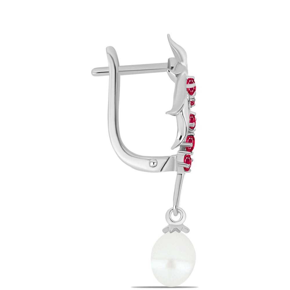Pendientes de Plata con Rubí de Madagascar y Perla blanca de agua dulce