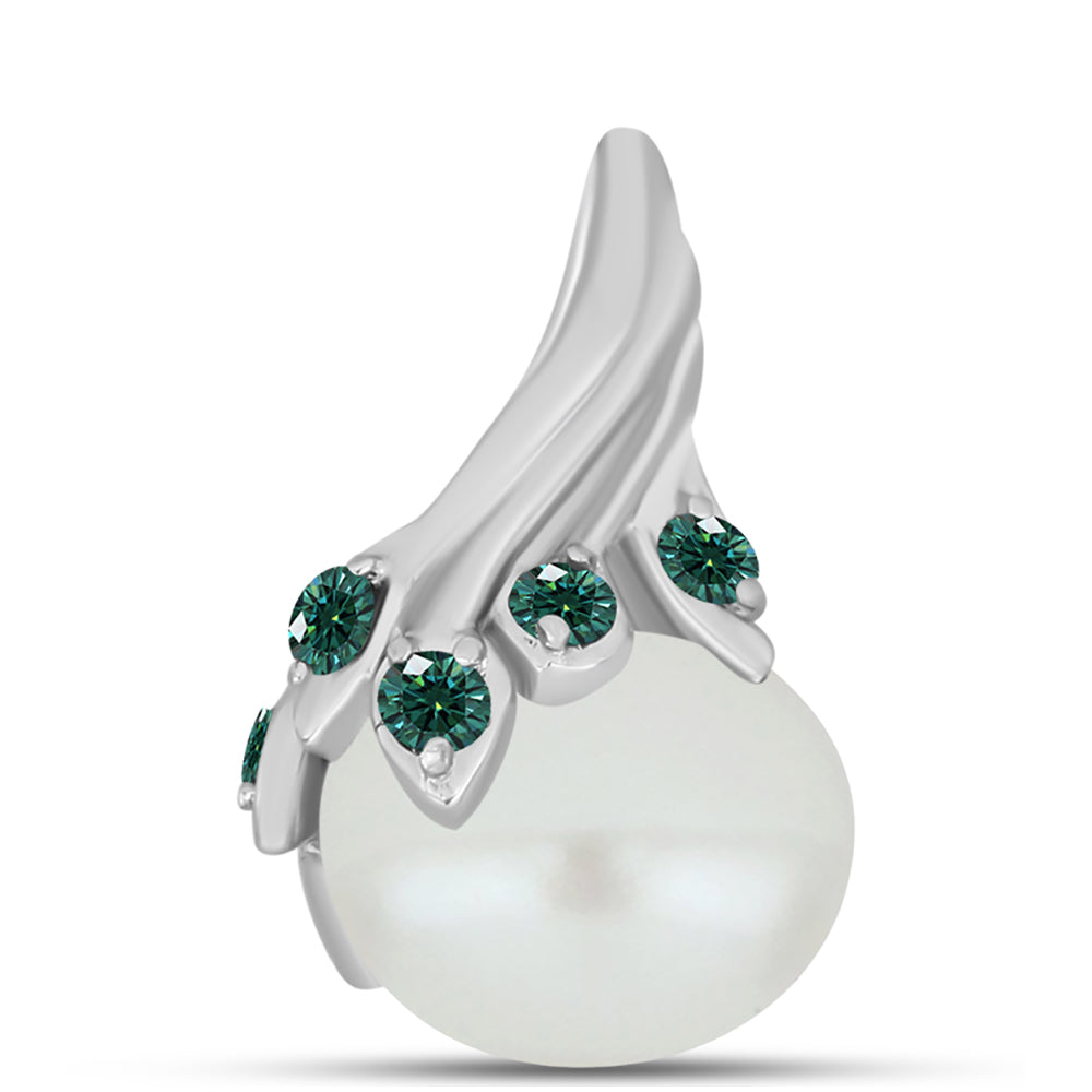 Colgante de Plata con Moissanita azul mar verdosa y Perla blanca de agua dulce 1 