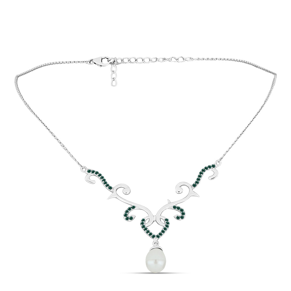 Collar de Plata con Moissanita azul mar verdosa y Perla blanca de agua dulce