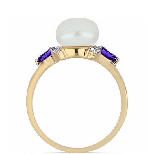 Anillo de Plata Bañada en Oro con Amatista de Marruecos y Perla blanca de agua dulce