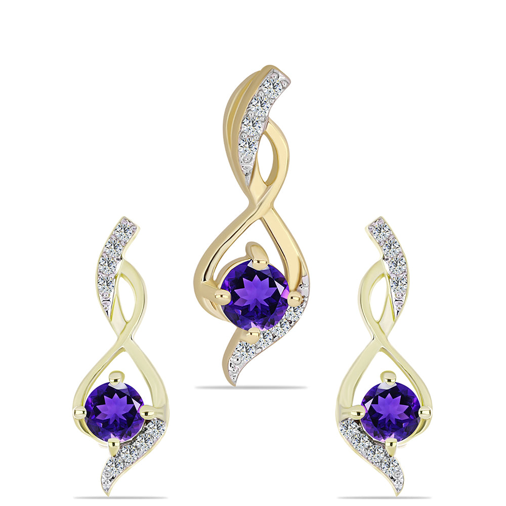 Conjunto de Plata Bañada en Oro con Amatista de Marruecos y Topacio Blanco ( Pendientes +Colgante )