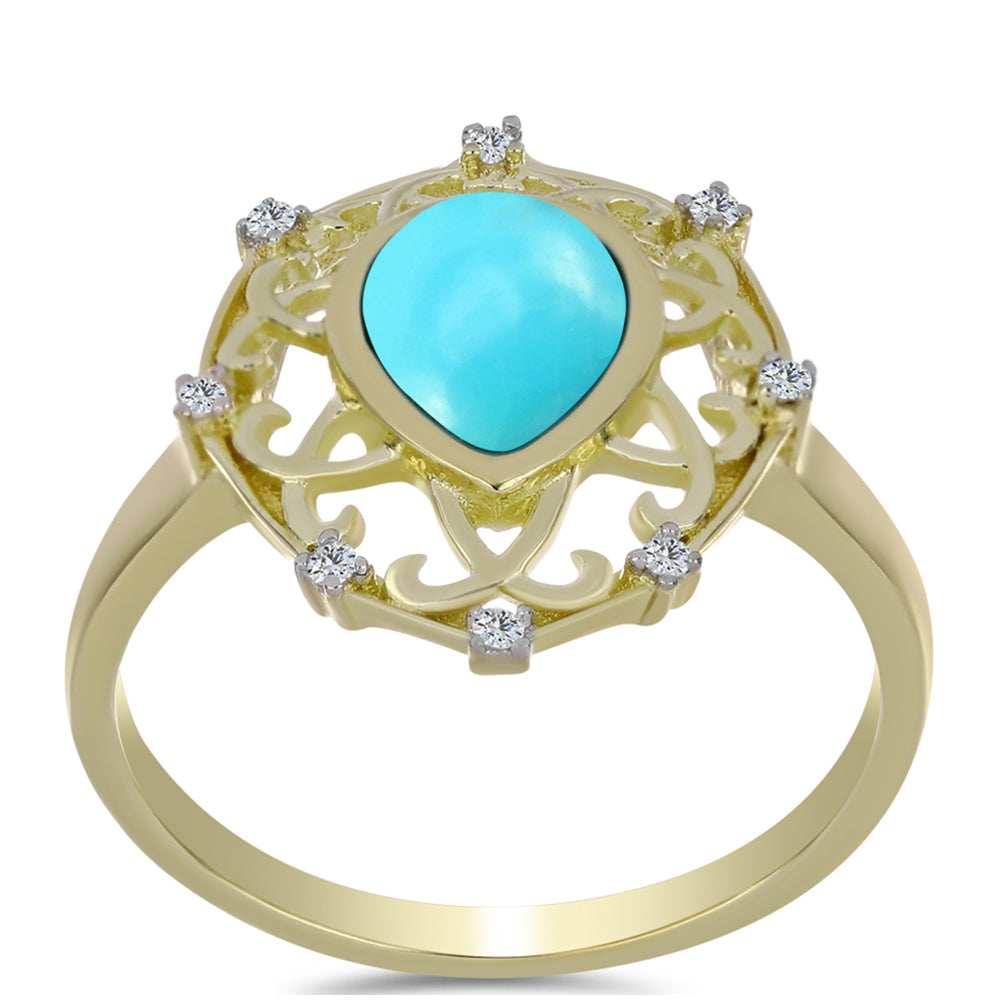 Anillo de Plata Bañada en Oro con Turquesa Bella Durmiente y Topacio Blanco 3 