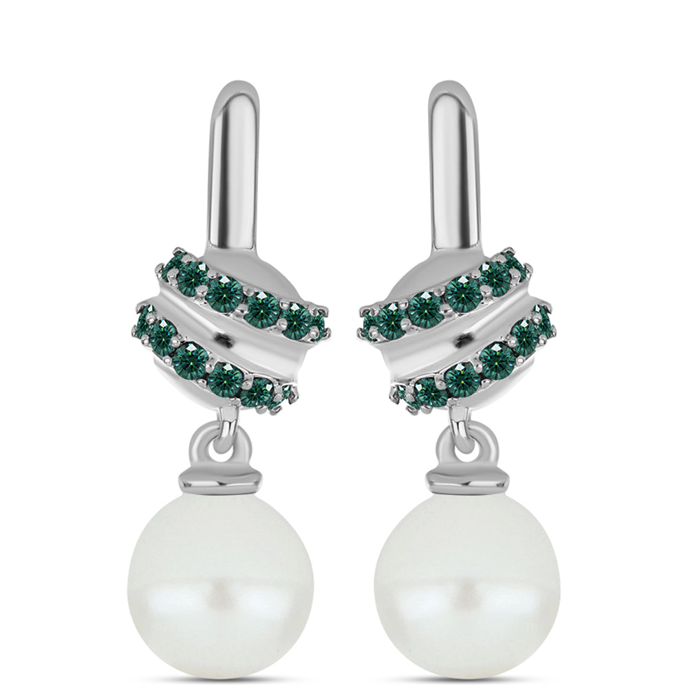 Pendientes de Plata con Moissanita azul mar verdosa y Perla blanca de agua dulce 1 