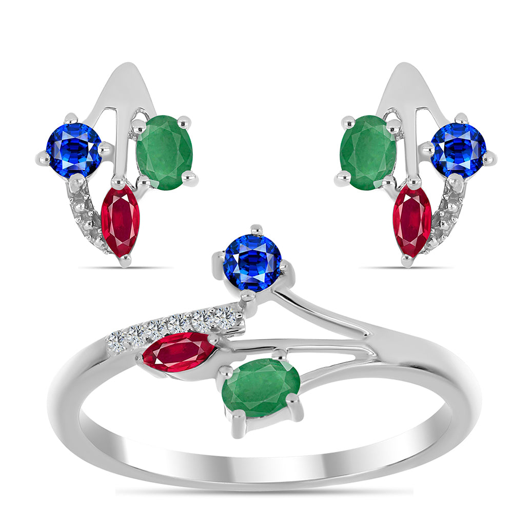 Conjunto de Plata con Rubí de Madagascar y Esmeralda de Brasil ( Pendientes +Anillo ) 1 