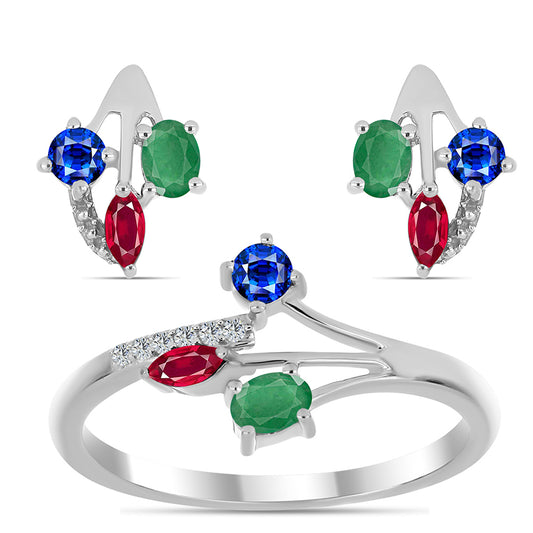 Conjunto de Plata con Rubí de Madagascar y Esmeralda de Brasil ( Pendientes +Anillo )