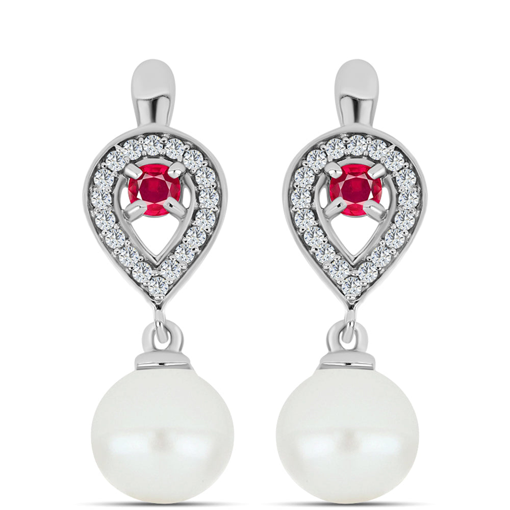 Pendientes de Plata con Rubí de Madagascar y Perla blanca de agua dulce 1 