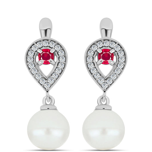 Pendientes de Plata con Rubí de Madagascar y Perla blanca de agua dulce