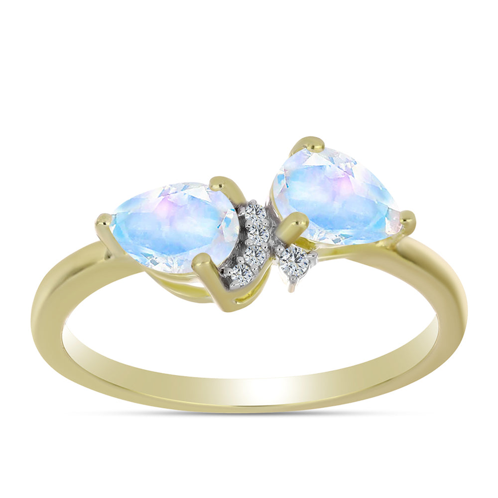 Anillo de Plata Bañada en Oro con Piedra Lunar Arco Iris y Topacio Blanco 3 