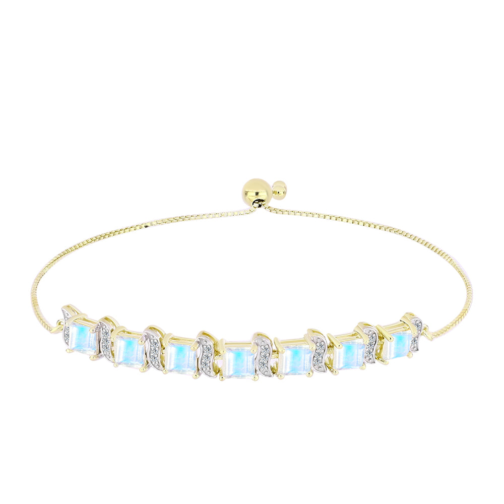 Pulsera de Plata Bañada en Oro con Piedra Lunar Arco Iris y Topacio Blanco