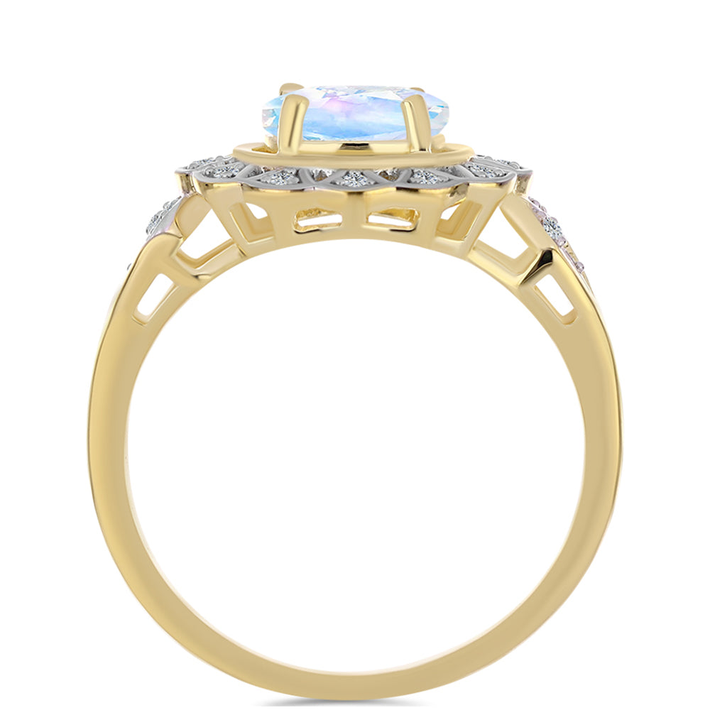 Anillo de Plata Bañada en Oro con Piedra Lunar Arco Iris y Topacio Blanco