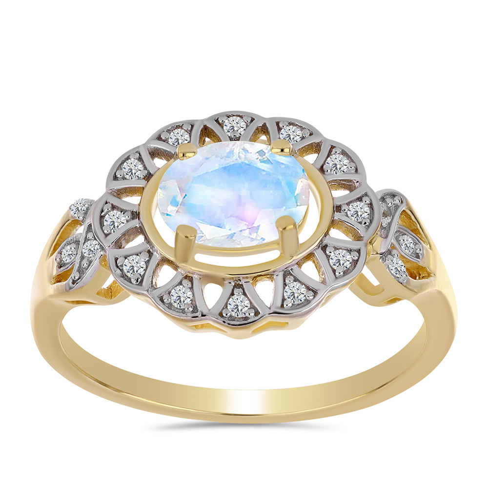 Anillo de Plata Bañada en Oro con Piedra Lunar Arco Iris y Topacio Blanco