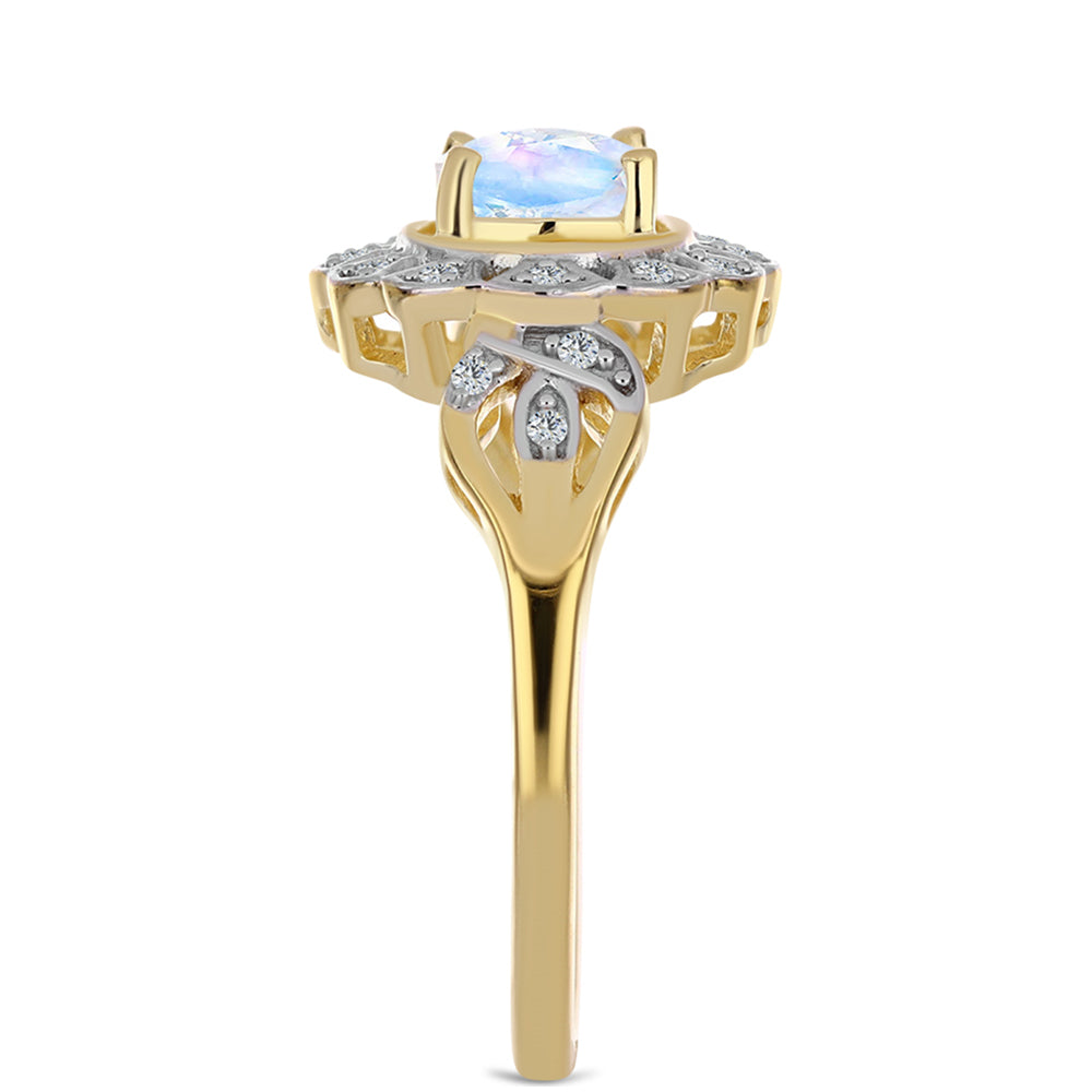 Anillo de Plata Bañada en Oro con Piedra Lunar Arco Iris y Topacio Blanco 4 
