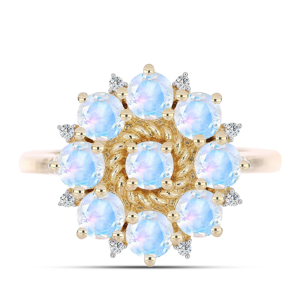 Anillo de Plata Bañada en Oro con Piedra Lunar Arco Iris y Topacio Blanco