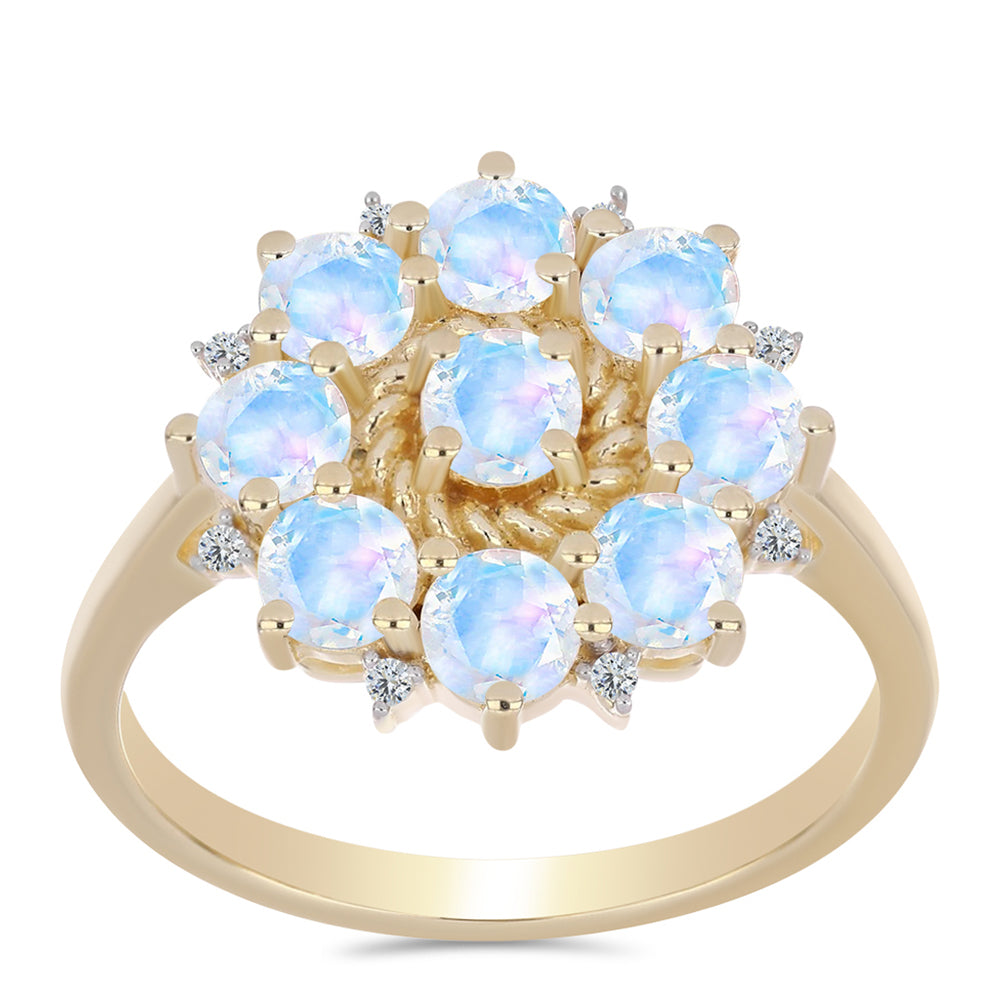 Anillo de Plata Bañada en Oro con Piedra Lunar Arco Iris y Topacio Blanco