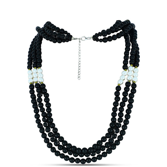 Collar de Plata con Obsidiana y Perla blanca de agua dulce