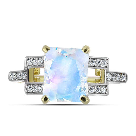 Anillo de Plata Bañada en Oro con Piedra Lunar Arco Iris y Topacio Blanco