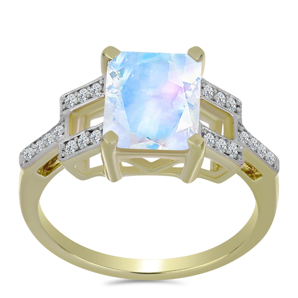 Anillo de Plata Bañada en Oro con Piedra Lunar Arco Iris y Topacio Blanco 3 