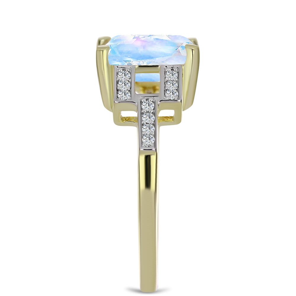 Anillo de Plata Bañada en Oro con Piedra Lunar Arco Iris y Topacio Blanco