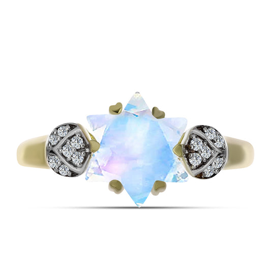 Anillo de Plata Bañada en Oro con Piedra Lunar Arco Iris y Topacio Blanco