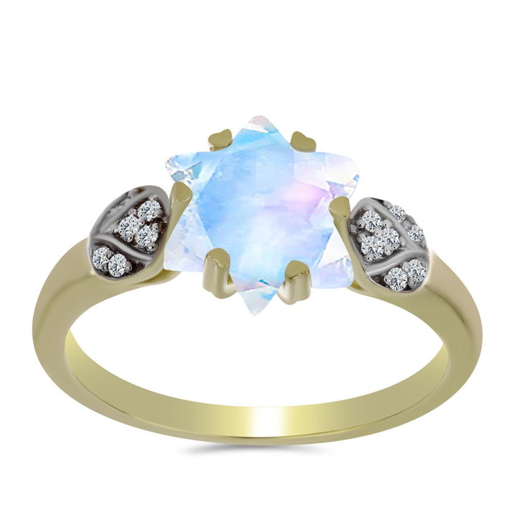 Anillo de Plata Bañada en Oro con Piedra Lunar Arco Iris y Topacio Blanco