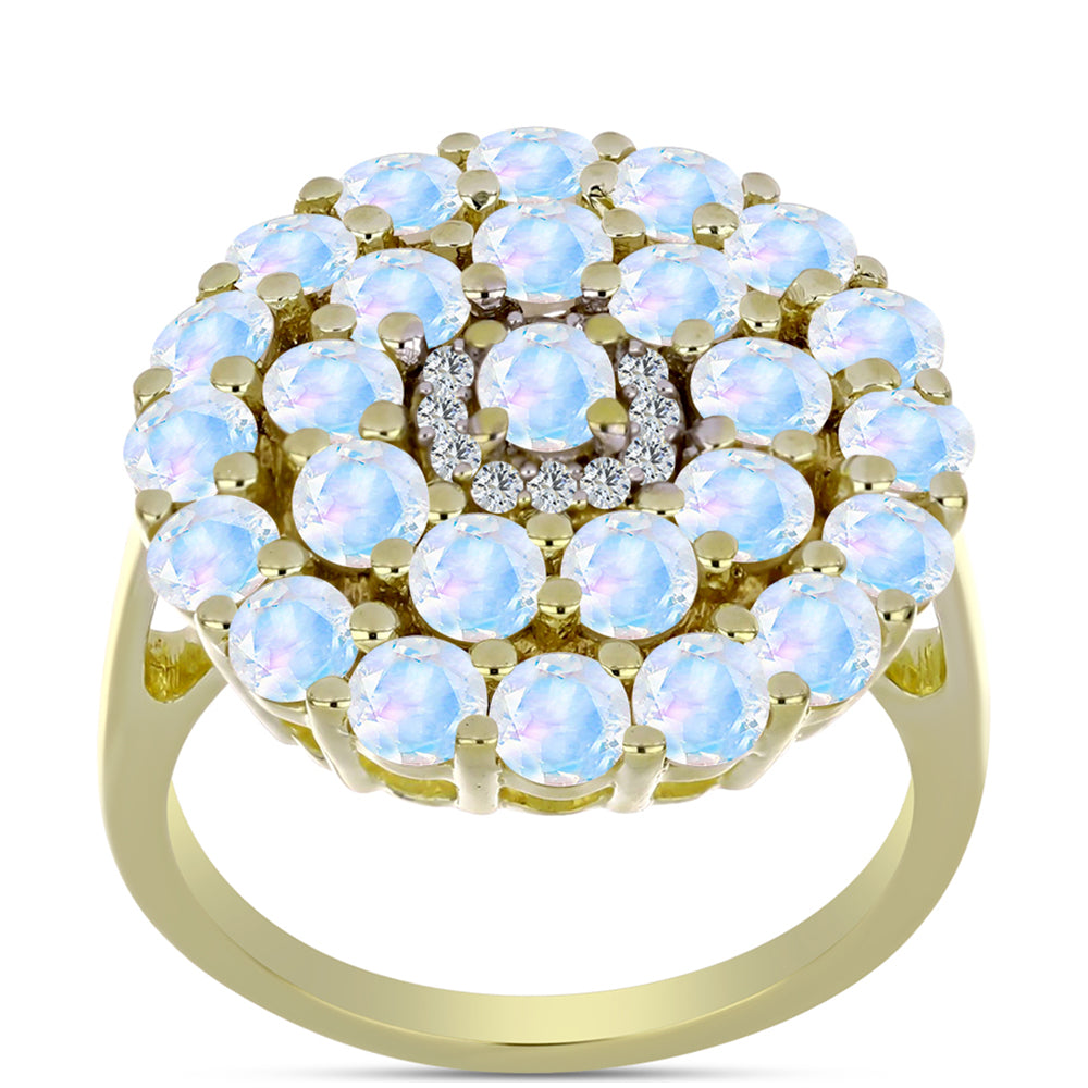 Anillo de Plata Bañada en Oro con Piedra Lunar Arco Iris y Topacio Blanco 3 