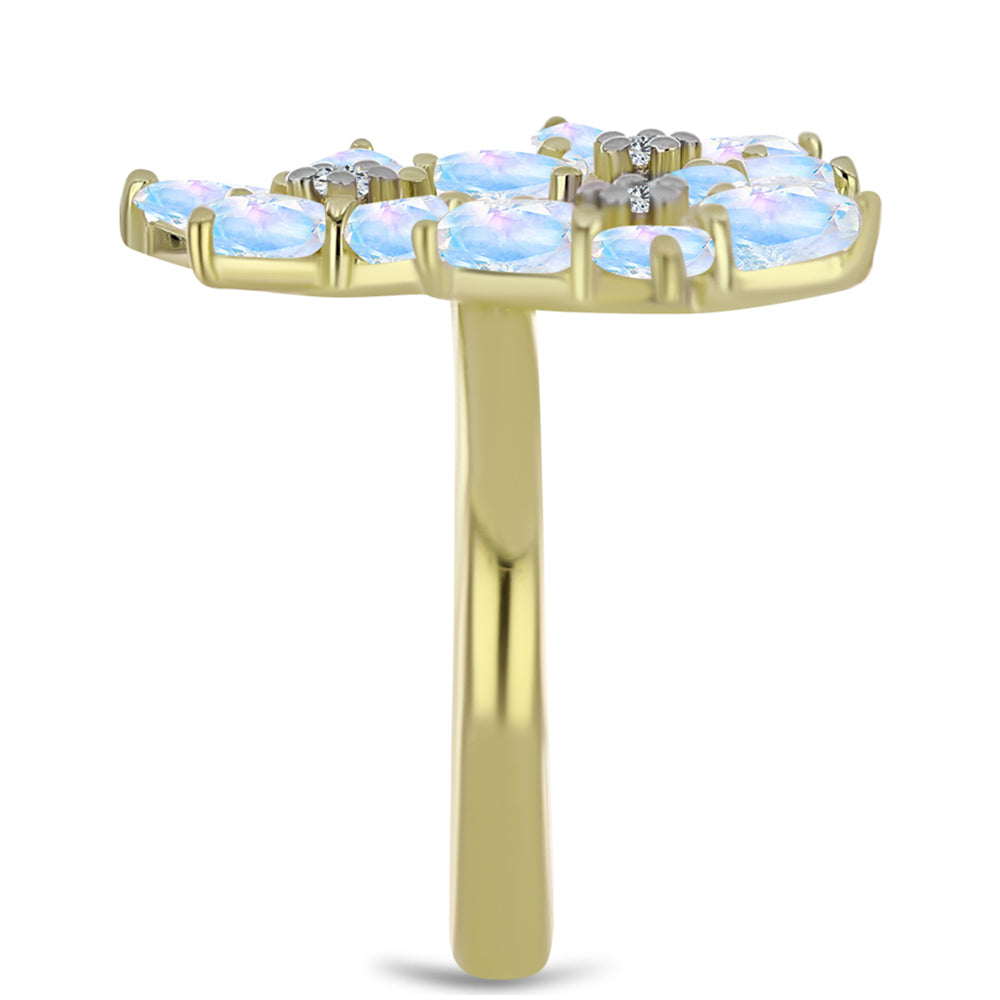Anillo de Plata Bañada en Oro con Piedra Lunar Arco Iris y Topacio Blanco 4 