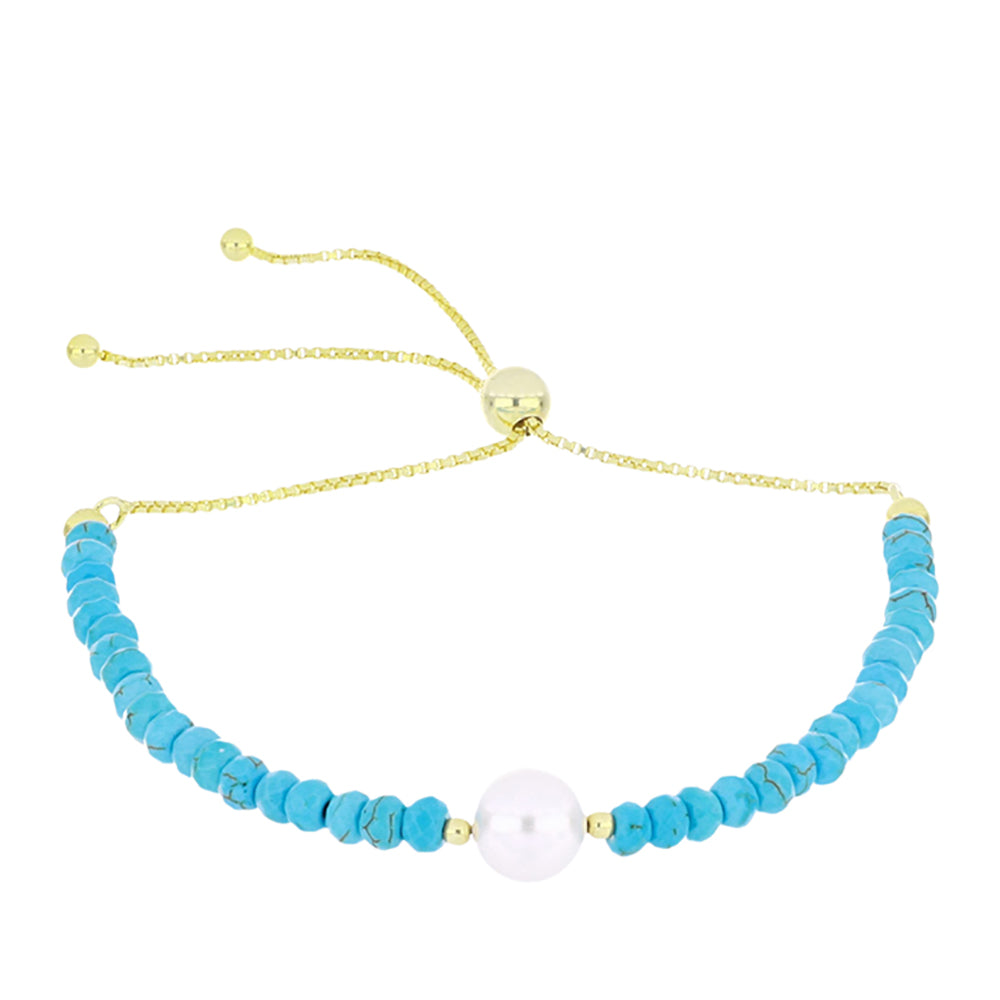 Pulsera de Plata Bañada en Oro con Turquesa Bella Durmiente y Perla blanca de agua dulce