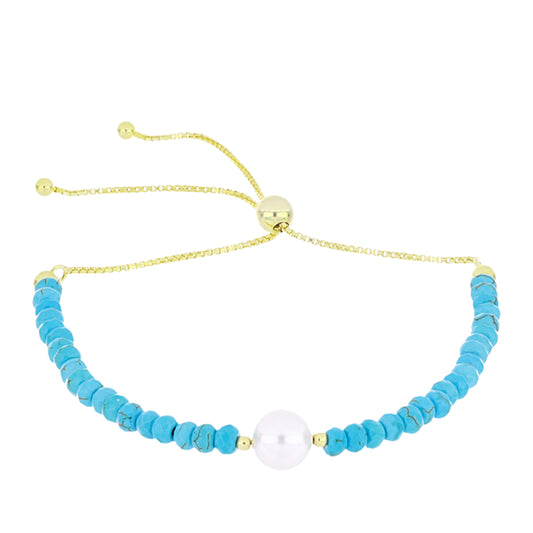 Pulsera de Plata Bañada en Oro con Turquesa Bella Durmiente y Perla blanca de agua dulce