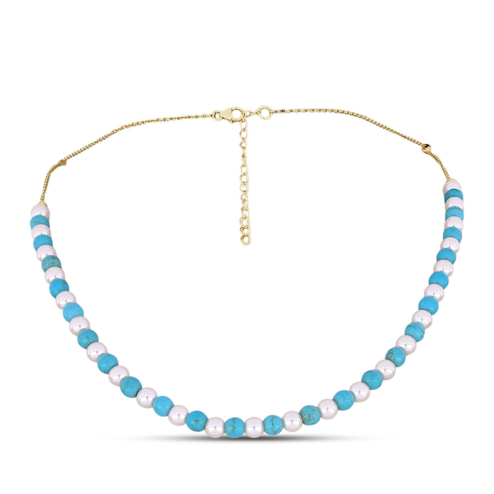 Collar de Plata Bañada en Oro con Turquesa Bella Durmiente y Perla blanca de agua dulce