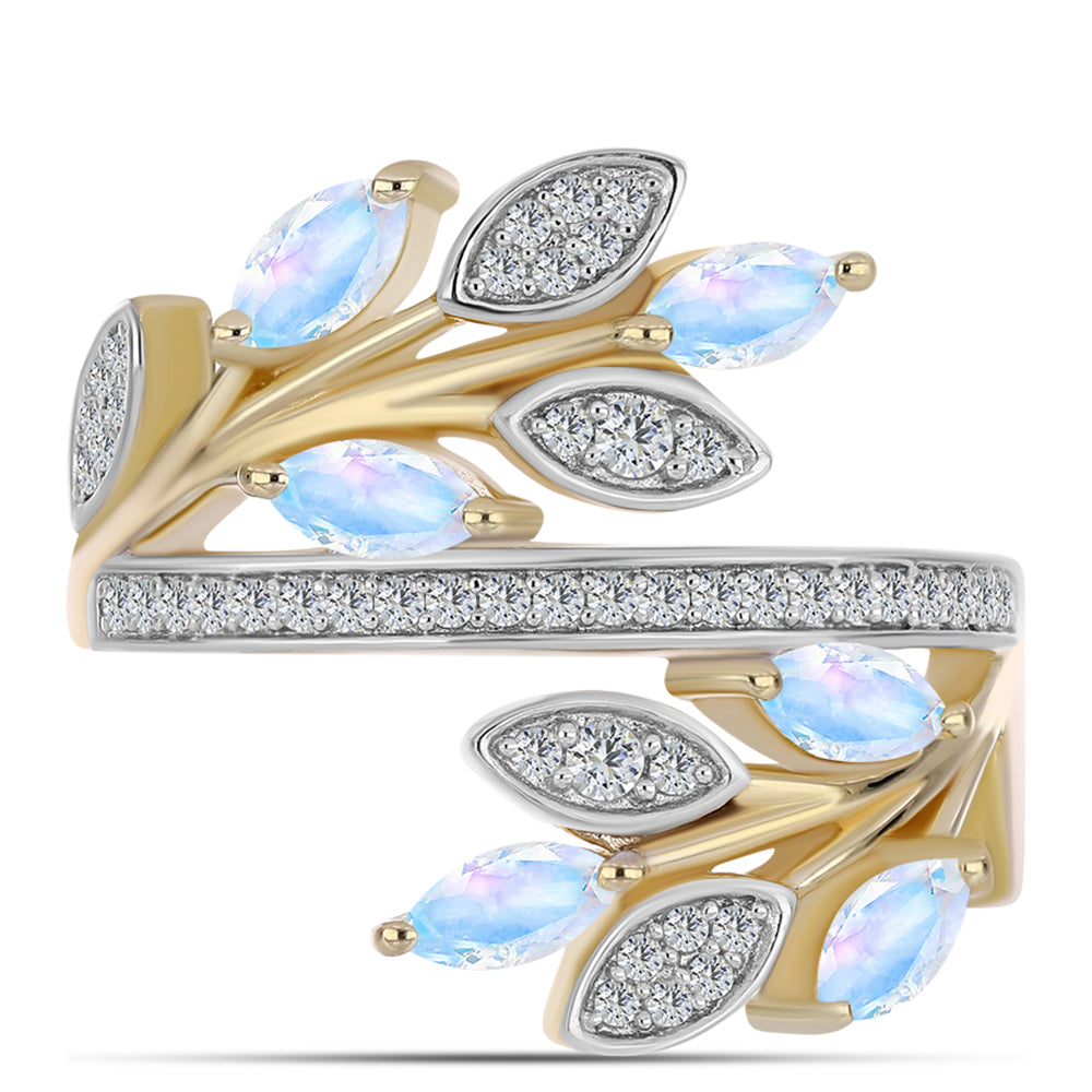 Anillo de Plata Bañada en Oro con Piedra Lunar Arco Iris y Topacio Blanco 1 