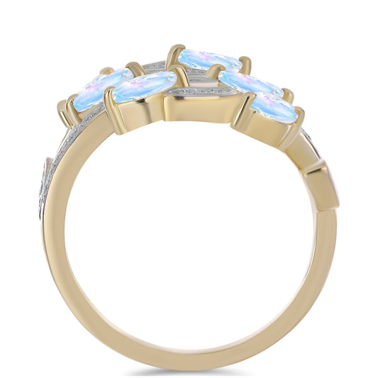 Anillo de Plata Bañada en Oro con Piedra Lunar Arco Iris y Topacio Blanco