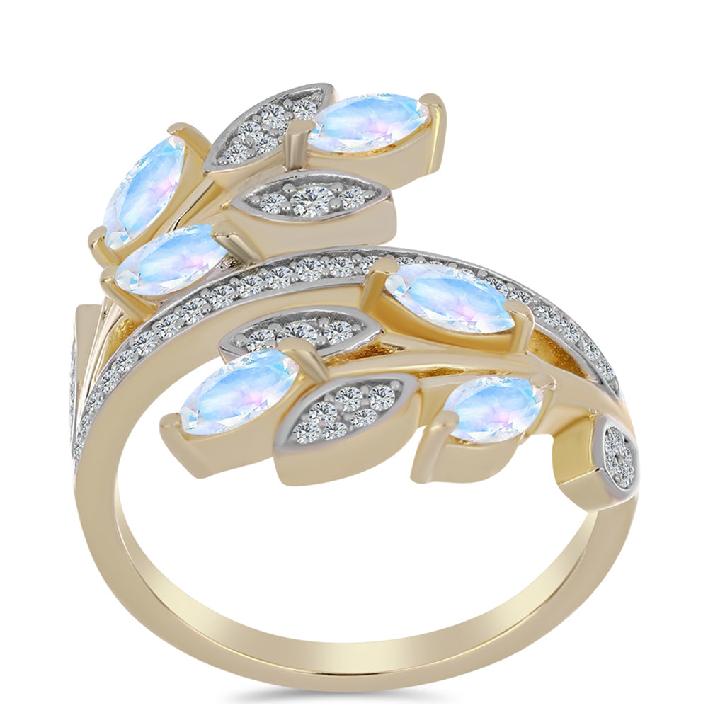 Anillo de Plata Bañada en Oro con Piedra Lunar Arco Iris y Topacio Blanco 3 