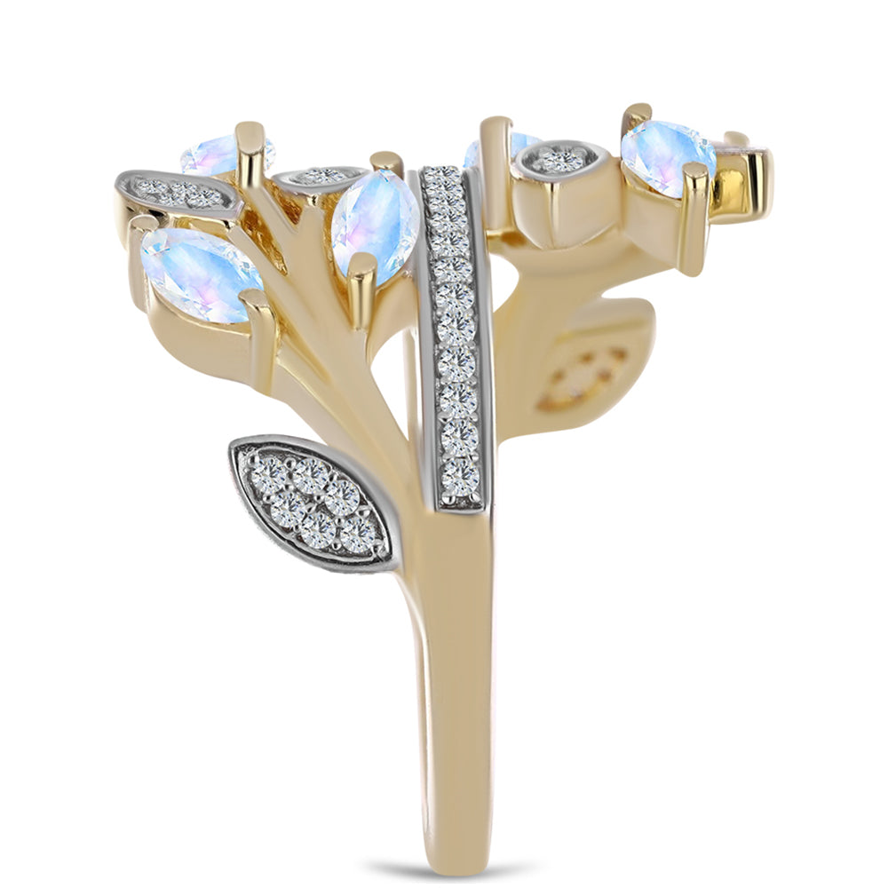 Anillo de Plata Bañada en Oro con Piedra Lunar Arco Iris y Topacio Blanco