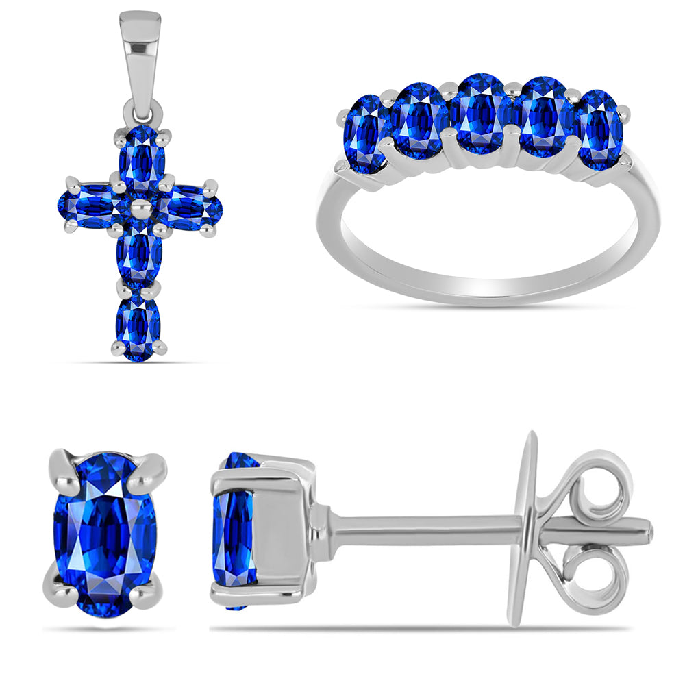 Cruz Conjunto de Plata con Zafiro Azul Australiano ( Pendientes +Anillo +Colgante )