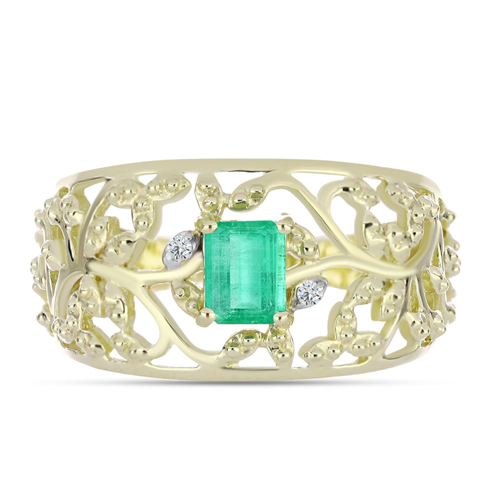 Anillo de Plata Bañada en Oro con Esmeralda de Colombia y Diamante blanco