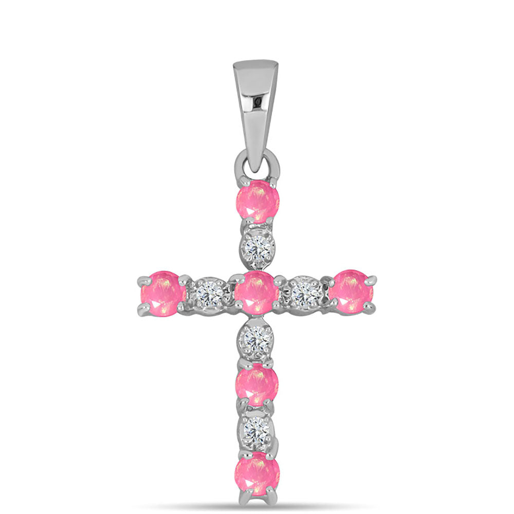 Cruz Colgante de Plata con Ópalo Rosa de Lega Dembi y Topacio Blanco 1 