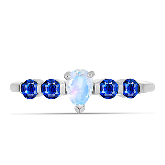 Anillo de Plata con Zafiro Azul Australiano y Piedra Lunar Arco Iris