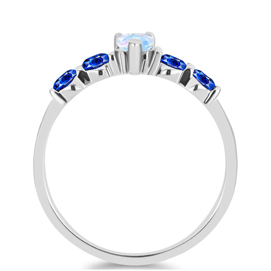 Anillo de Plata con Zafiro Azul Australiano y Piedra Lunar Arco Iris