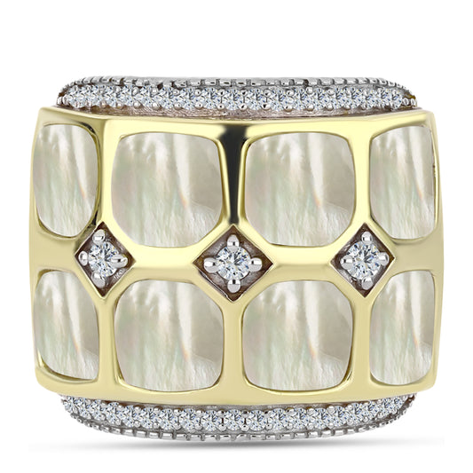 Anillo de Plata Bañada en Oro con Madreperla y Topacio Blanco