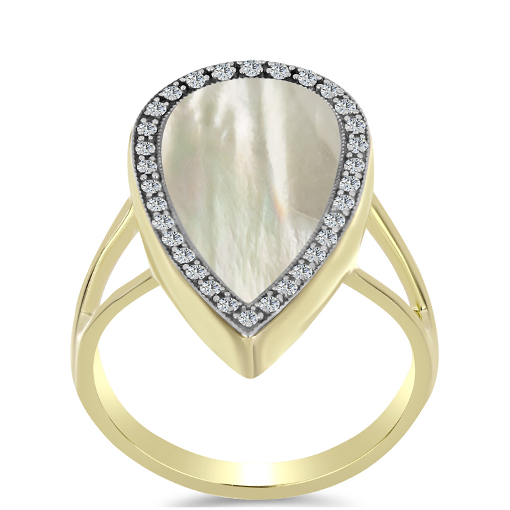 Anillo de Plata Bañada en Oro con Madreperla y Topacio Blanco 3 