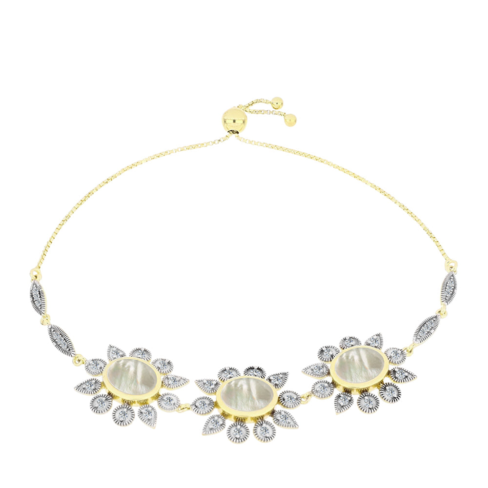 Pulsera de Plata Bañada en Oro con Madreperla y Topacio Blanco