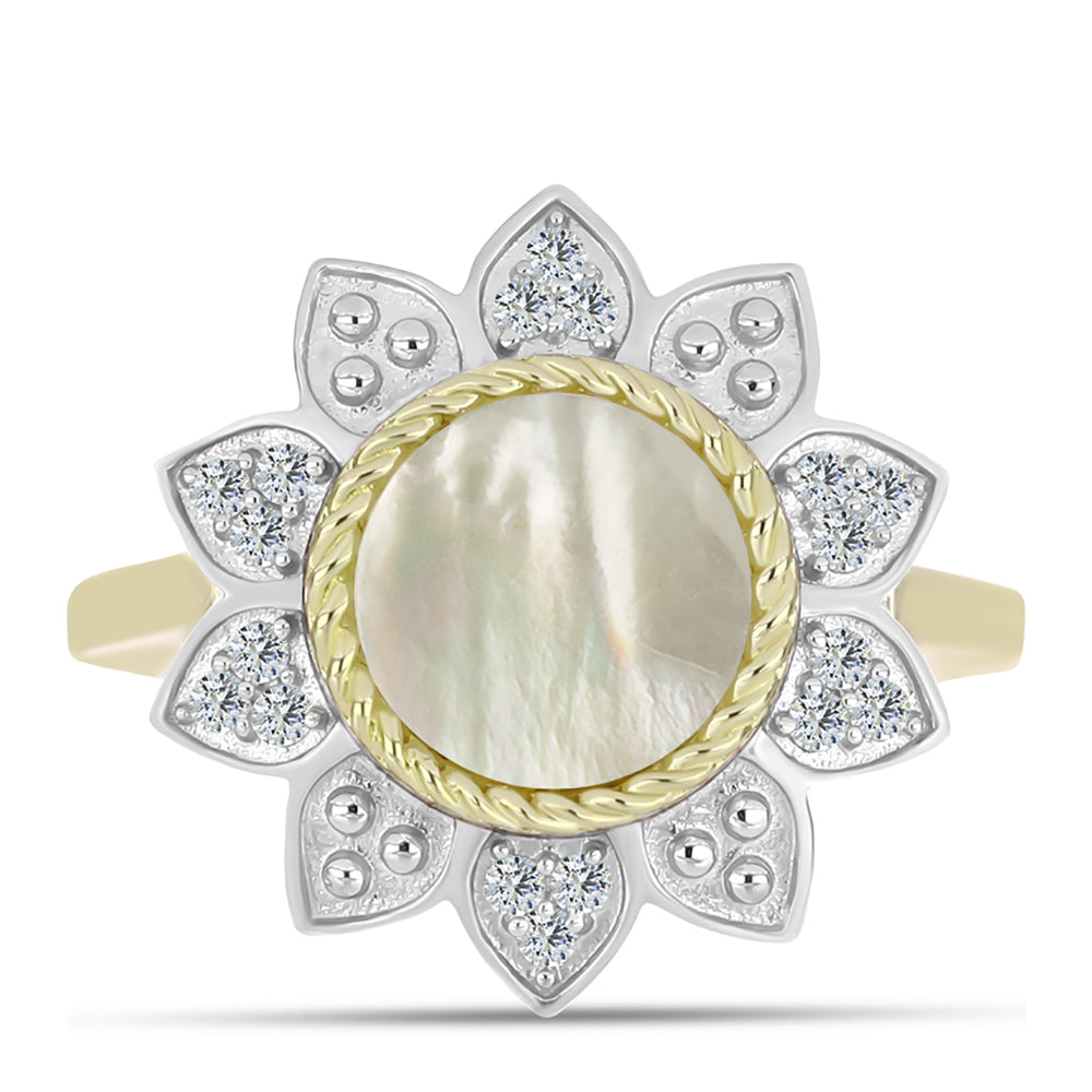 Anillo de Plata Bañada en Oro con Madreperla y Topacio Blanco
