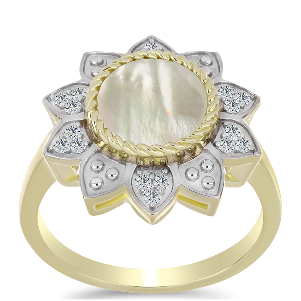 Anillo de Plata Bañada en Oro con Madreperla y Topacio Blanco 3 
