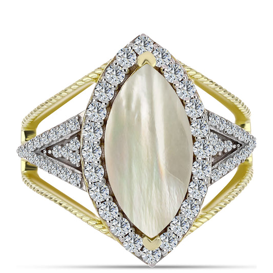 Anillo de Plata Bañada en Oro con Madreperla y Topacio Blanco
