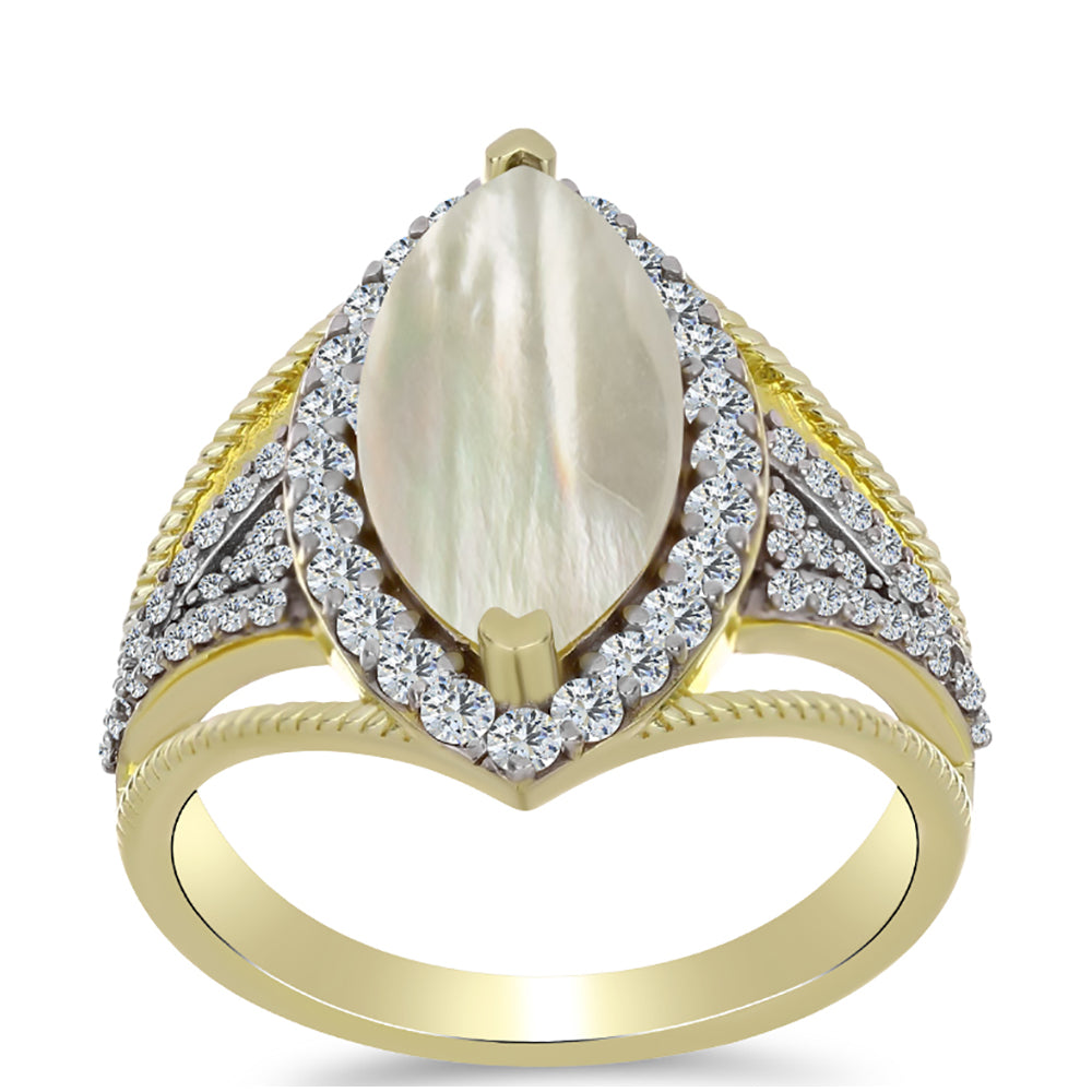 Anillo de Plata Bañada en Oro con Madreperla y Topacio Blanco 3 