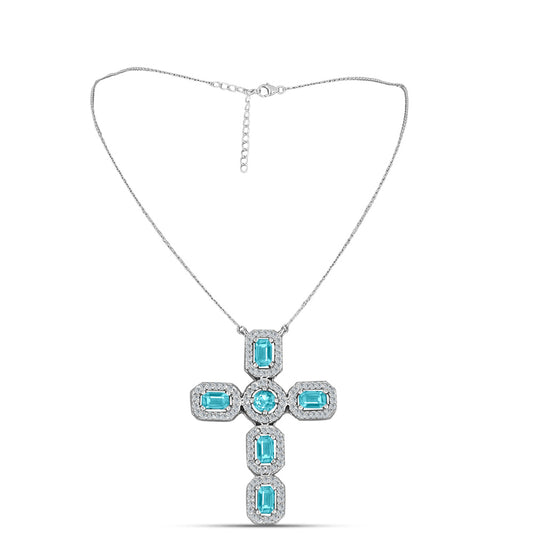 Cruz Collar de Plata con Cuarzo Paraiba y Topacio Blanco ( Collar +Colgante )